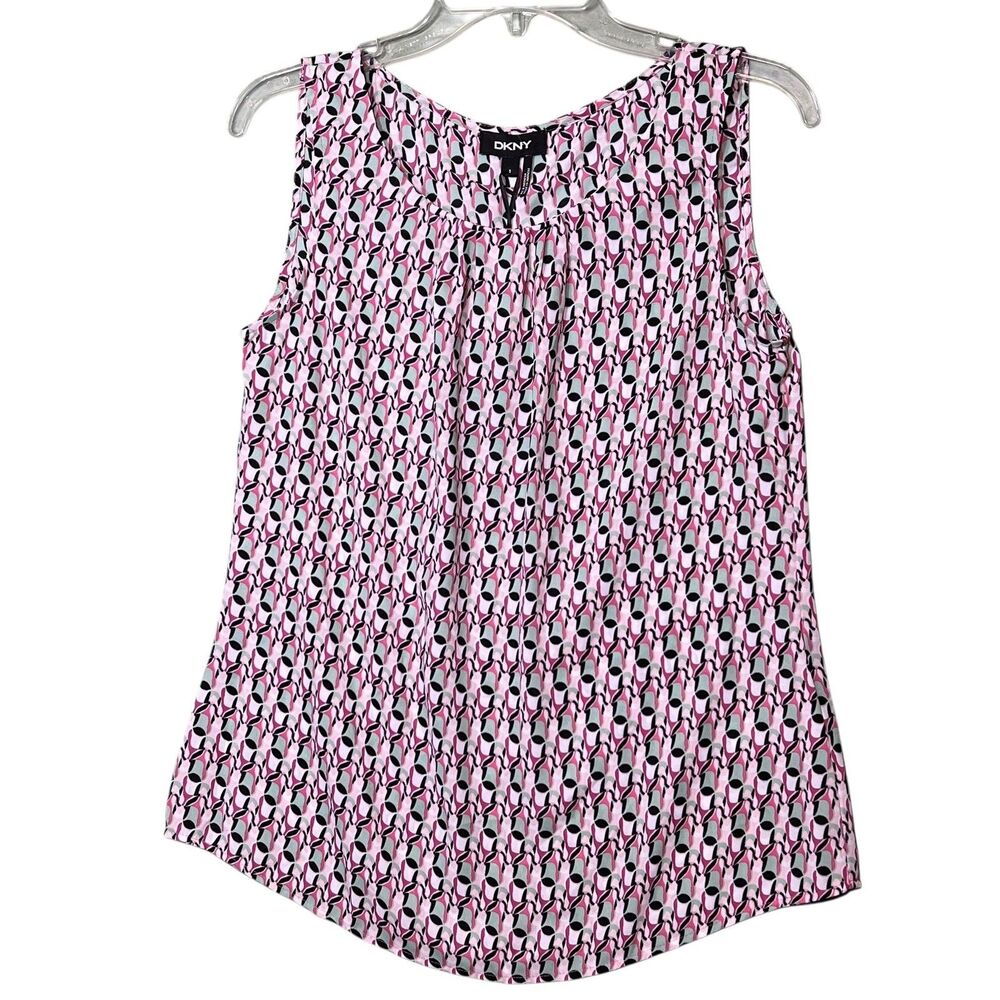 DKNY Tank Top Womens Small Pink Black White Sleeveless Blouse Geometric Print